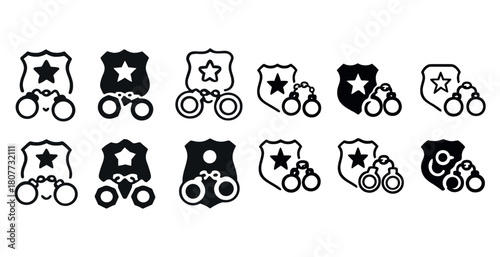 Black and white police badge and handcuffs icons set in various styles