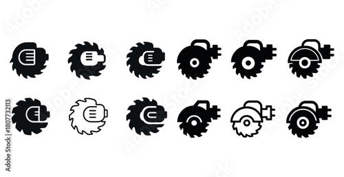 Different circular saw blade icons in black and white for construction and carpentry