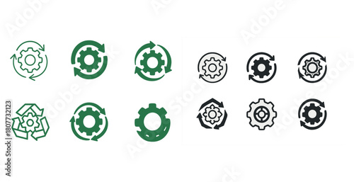 Green and black gear icons with arrows representing recycling and process concepts