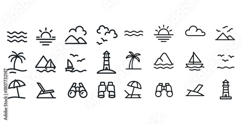 Minimalist coastal icons: sunsets, sailing, palm trees, and lighthouse