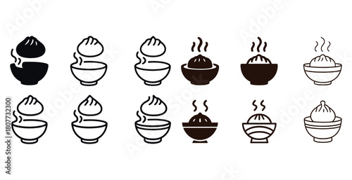 Assorted dumpling and bowl icons in black and brown outlines