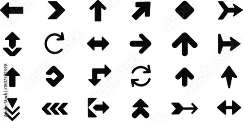 Flat vector illustration of diverse directional arrow icons set, navigation symbols, movement signs, pointing indicators, interface elements for digital design