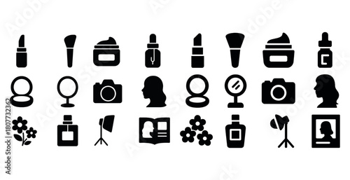Beauty icons set: makeup tools, skincare products, and silhouettes