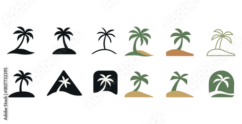 Minimalist palm tree icons in various shapes and colors