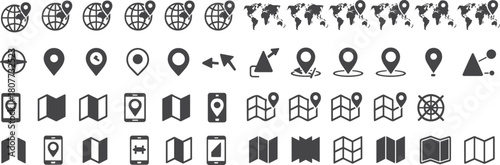 Global map navigation icons set, location pin symbols, world map markers, mobile GPS elements, travel direction signs, flat vector illustration