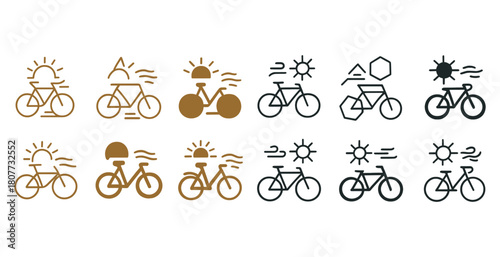 Minimalist bicycle icons with mountain and sun designs in black and gold