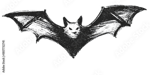 Hand drawn ink sketch of a flying bat with spread wings.