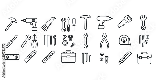 Collection of hand tools and equipment icons in black and white outline style