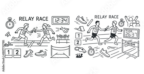 Cartoon relay race illustration with male and female runners passing batons