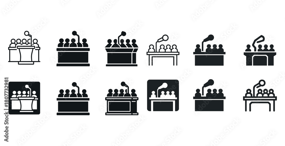 Naklejka premium Collection of icons depicting panel discussions at lecterns and tables
