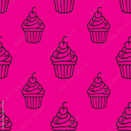 seamless pattern of adorable one-line art cupcakes 
