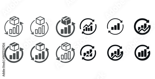Set of varied circular graph and box icons with arrows indicating progress