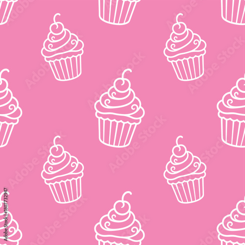 seamless pattern of adorable one-line art cupcakes 