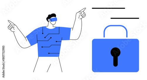 Man wearing VR headset pointing while interacting with virtual interface, circuitry print on shirt. Large digital lock symbolizes cybersecurity. Ideal for technology, innovation, VR, privacy, data