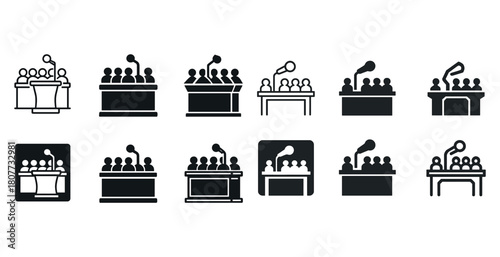 Collection of icons depicting panel discussions at lecterns and tables