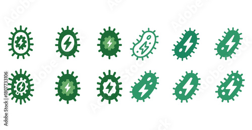 Green energy bacteria icons set representing bioelectricity concepts