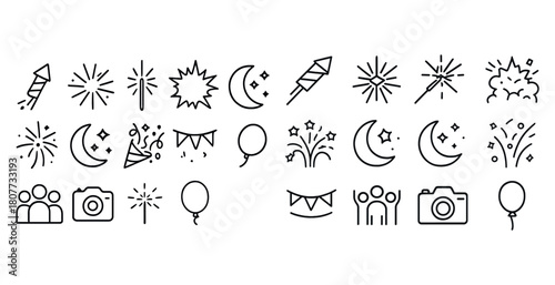 Festive celebration icons: fireworks, balloons, and stars in simple line art