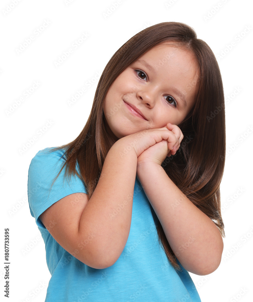 Fototapeta premium Portrait of cute little girl on white background