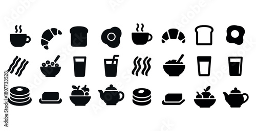 Breakfast icons: coffee, croissant, toast, eggs, bacon, juice, cereal, pancakes, fruit, tea