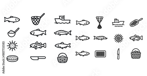 Outline icons of fish, fishing equipment, boat, and fishing net