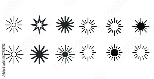 Set of sunburst icons in various styles and patterns