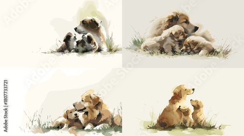 Delicate watercolor illustration of a mother dog resting with her puppies in a peaceful grassy setting. Soft tones emphasize warmth, affection, and a calm family moment.