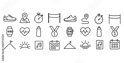 Line icons of running, fitness, and activity symbols featuring stopwatch, medal, and heartbeat