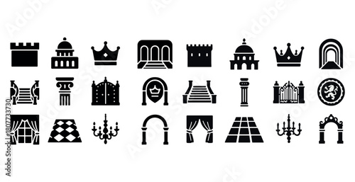 Collection of architectural icons: castles, columns, crowns, arches, chandeliers