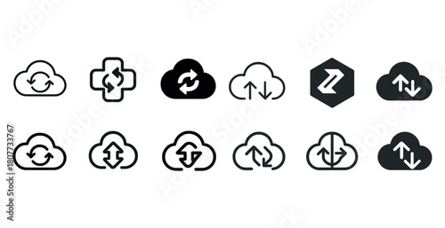 Cloud synchronization and upload download icons set in black and white