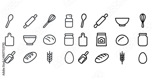 Bakery tools and ingredients: icons of bread, whisk, rolling pin, bowl, and egg