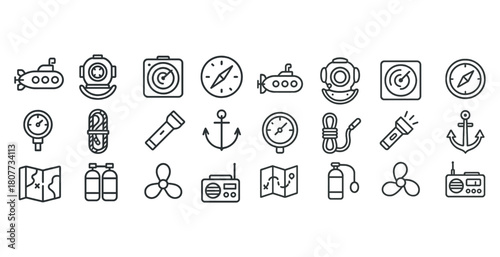 Nautical and diving equipment icons set featuring submarine, compass, anchor, and diving helmet