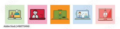 Online education conference meeting video call laptop screen presentation webinar digital communication e-learning