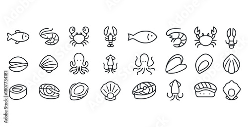 Seafood line icons set featuring fish, crustaceans, and shellfish