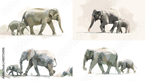 Minimal watercolor illustration of an elephant walking gently with its calf. Soft neutral tones create a calm and tender wildlife scene emphasizing parental care and connection.