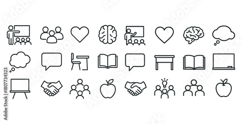 Education and communication icons set: classroom, brain, heart, thought, and more