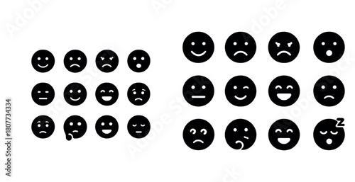 Set of black emoji faces displaying various emotions and expressions on a white background