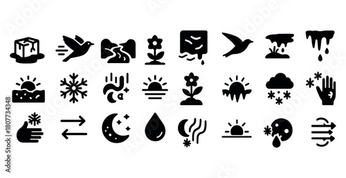 Nature and weather icon set featuring sun, moon, water, bird, flower, and environmental symbols