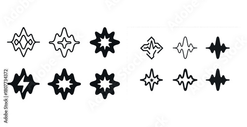 Set of geometric symbol icons: stars, lightning, waves in black and white