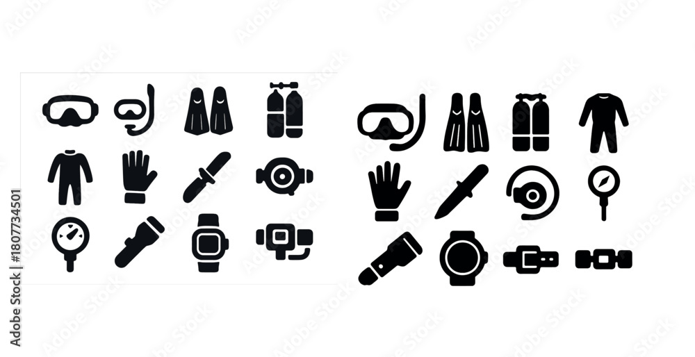 Fototapeta premium Diving equipment icons: masks, fins, snorkels, and scuba gear in black and white