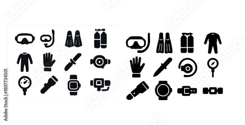 Diving equipment icons: masks, fins, snorkels, and scuba gear in black and white