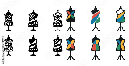 Diverse mannequins with colorful and patterned dresses in various designs