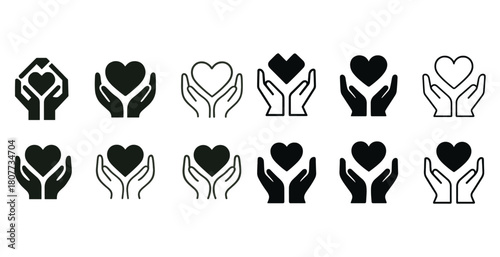 Collection of hand and heart icons in various styles