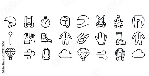 Line icons of parachuting equipment and clothing