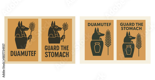 Ancient egyptian duamutef symbols with hieroglyphs and anubis imagery