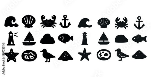 Nautical icons set: waves, shells, crabs, anchors, boats, fish, lighthouse, seagulls