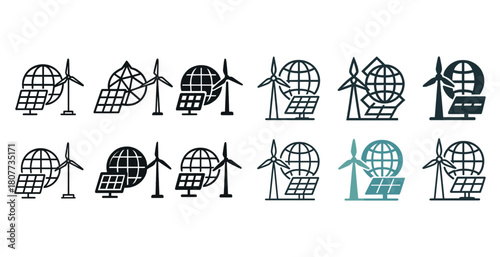 Renewable energy icons featuring wind turbines and solar panels in varied styles