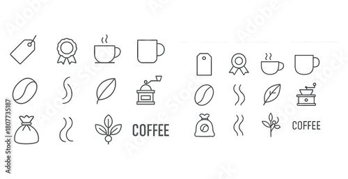 Minimalist coffee icon set with beans, mugs, and leaves in line art