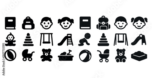 Child icons set: toys, education, and activities symbols