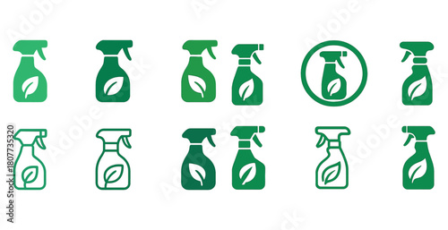Green spray bottle icons with leaf symbol for eco-friendly cleaning products
