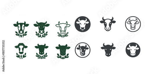 Collection of cow icons and logos in various styles and designs